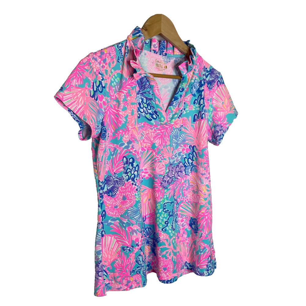 Womens Large Lilly Pulitzer Luxletics Ruffle Neck Floral Polo Short Sleeve Shirt - Picture 2 of 5